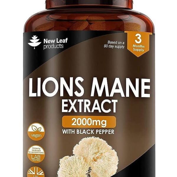 Lions Mane Mushroom Extract Supplement 2000mg – 180 High Strength Vegan Tablets with Black Pepper – (Not Powder or Capsules)