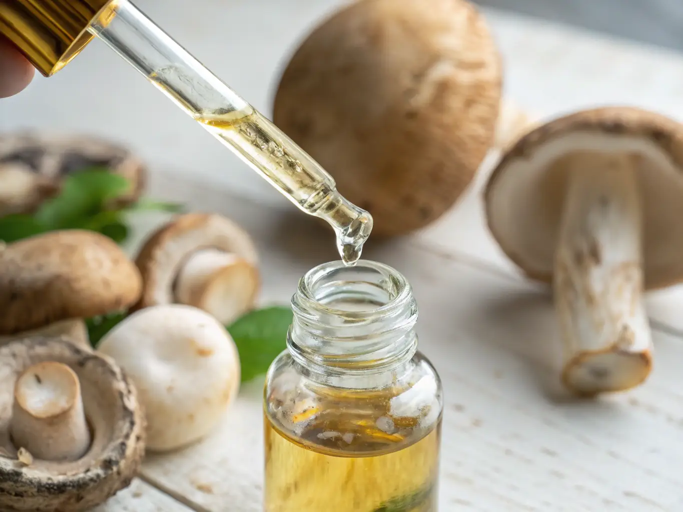 A close-up shot of Lion's Mane mushroom extract being carefully dispensed from a dropper into a glass of water, with a blurred background of a serene study environment to suggest cognitive enhancement. The image should convey a sense of focus, clarity, and the natural benefits of Lion's Mane.