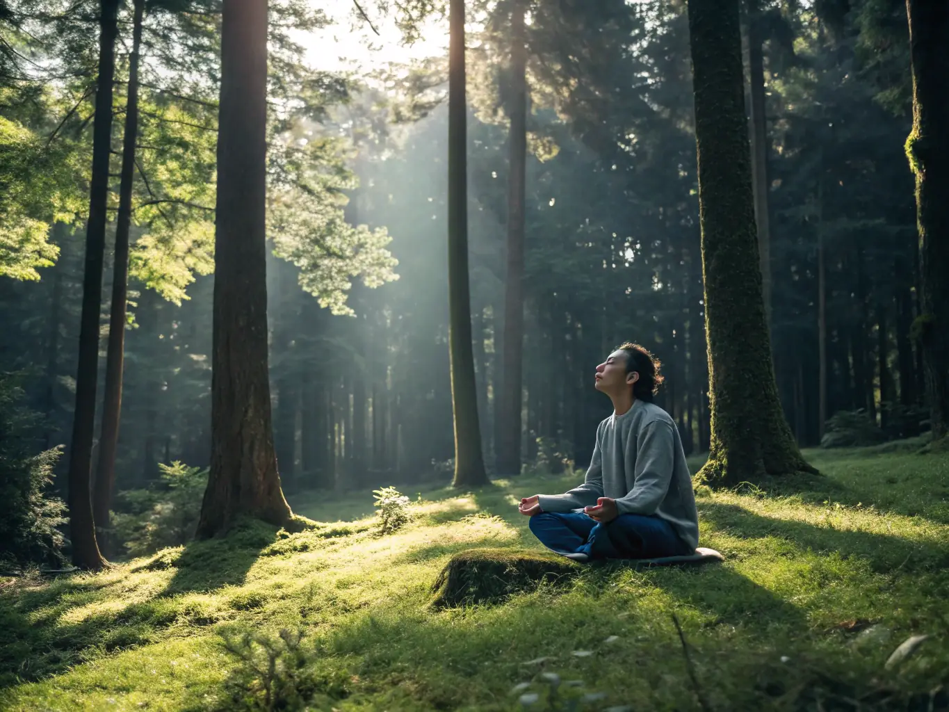 A calming image of a person meditating in a natural setting, with a cup of mushroom tea beside them, to represent stress reduction. The scene should be peaceful and serene, emphasizing the calming and adaptogenic properties of medicinal mushrooms.