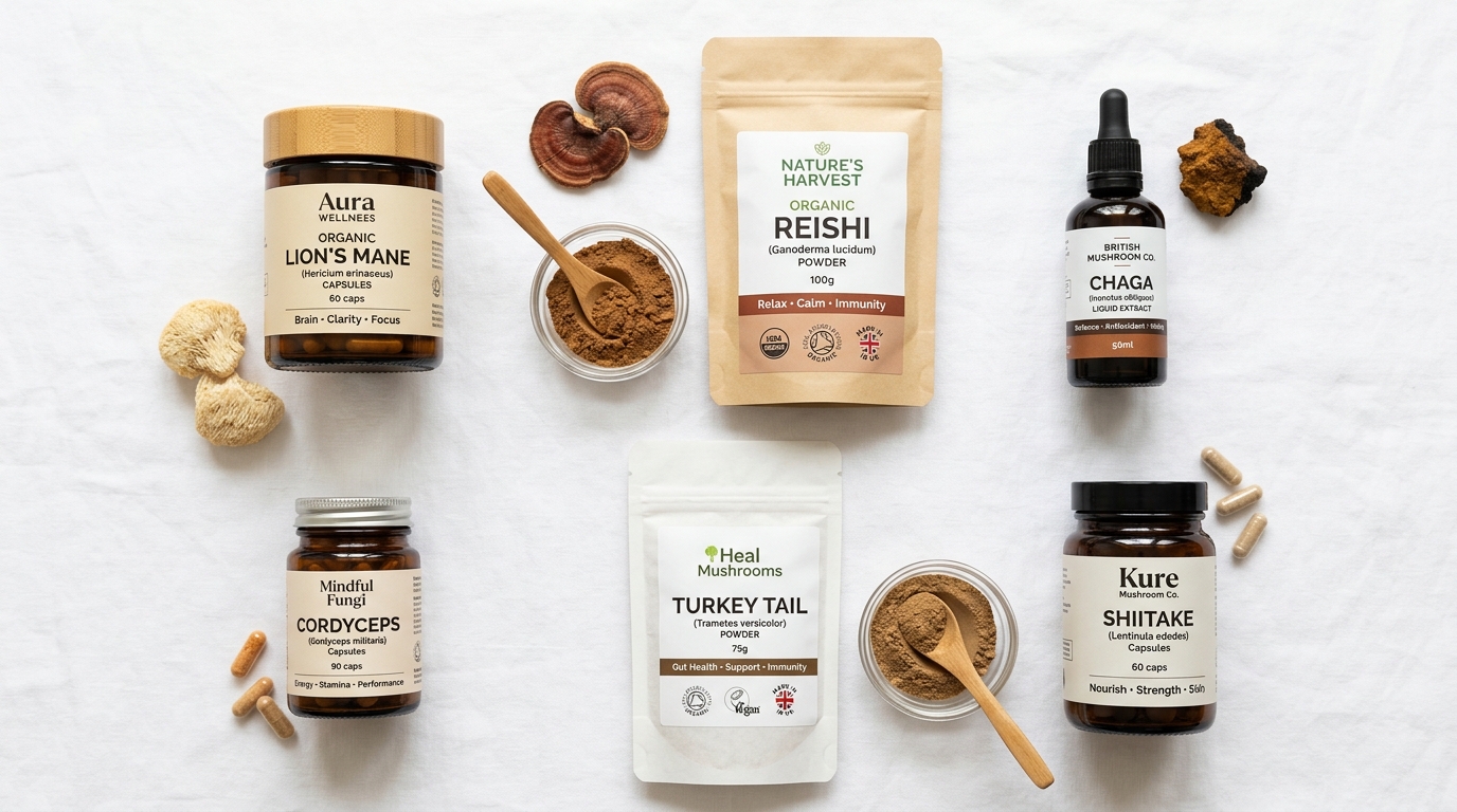 Where to Buy the Best Medicinal Mushrooms Online in the UK: Trusted Brands & Retailers Clean, flat-lay product photography showing 5–6 different UK medicinal mushroom supplements (reishi powder, lion's mane capsules, chaga extract, etc.) arranged on white background with soft natural lighting. Include product labels clearly visible. Modern, minimal aesthetic.
