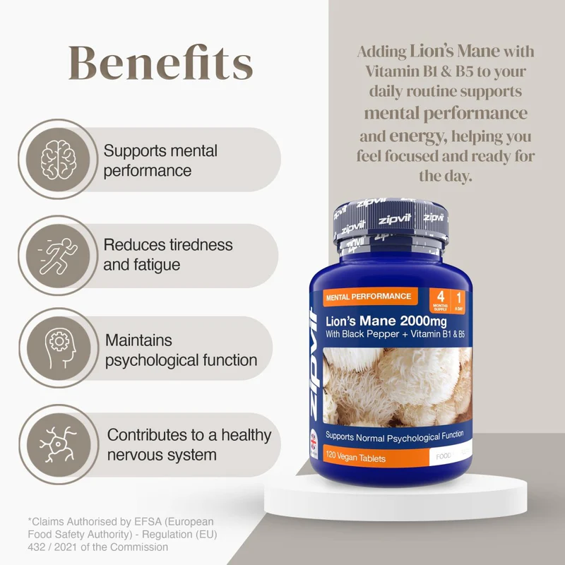 lion's mane uk;
Lion's Mane Mushroom Extract 2000mg
Fruiting body Lion's Mane extract for maximum potency
2000mg Lion's Mane extract equivalent per serving
Vitamin B1 supports normal psychological function
Vitamin B5 reduces tiredness and fatigue
Black pepper helps support nutrient absorption
Non-stimulant. Works with your body, not against it.