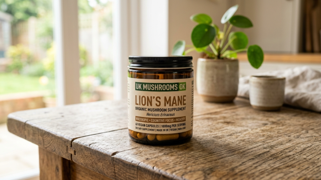 A jar of the best lions mane supplement uk 2025 from UK Mushrooms Ok sitting on a wooden table