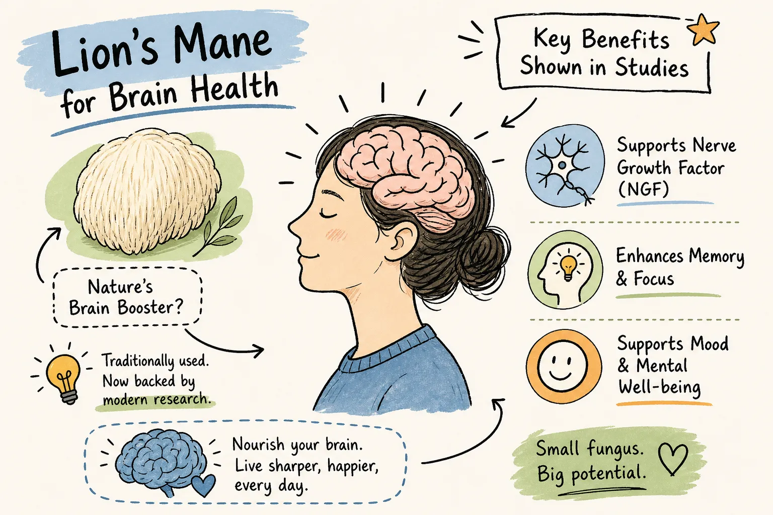 Lion's Mane for Brain Health: What the Evidence Shows and the answer to Lion's Mane Brain Health Questions.